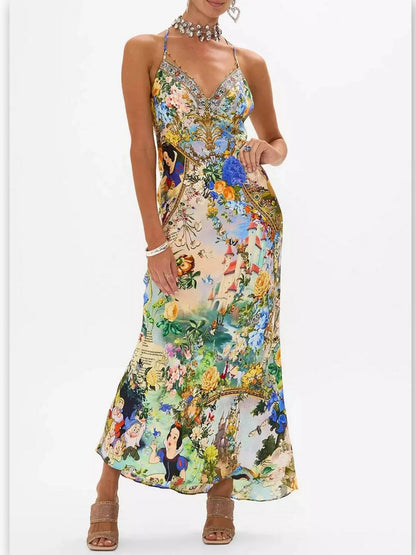 Fairy Tale and Floral Printed Silk Chain-Detail Slip Dress - Dresses