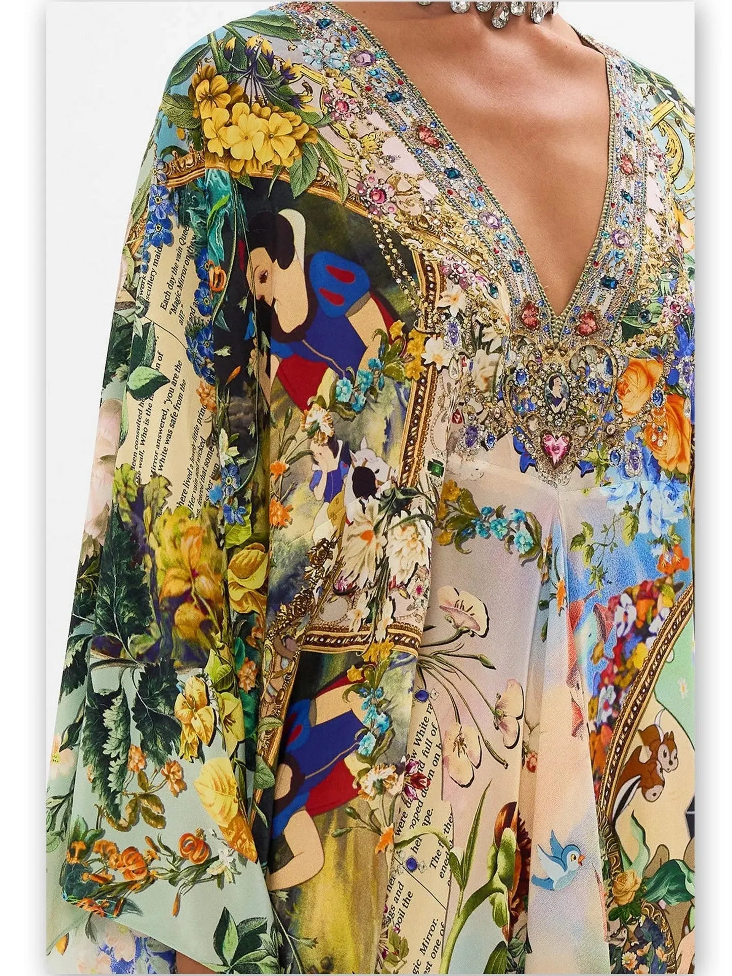 Fairy Tale and Floral Printed Silk Kaftan Dress - One size - Dresses