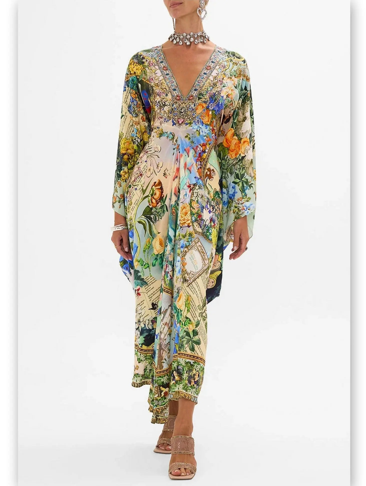 Fairy Tale and Floral Printed Silk Kaftan Dress - One size - Dresses