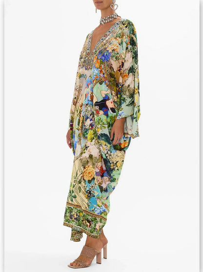 Fairy Tale and Floral Printed Silk Kaftan Dress - One size - Dresses