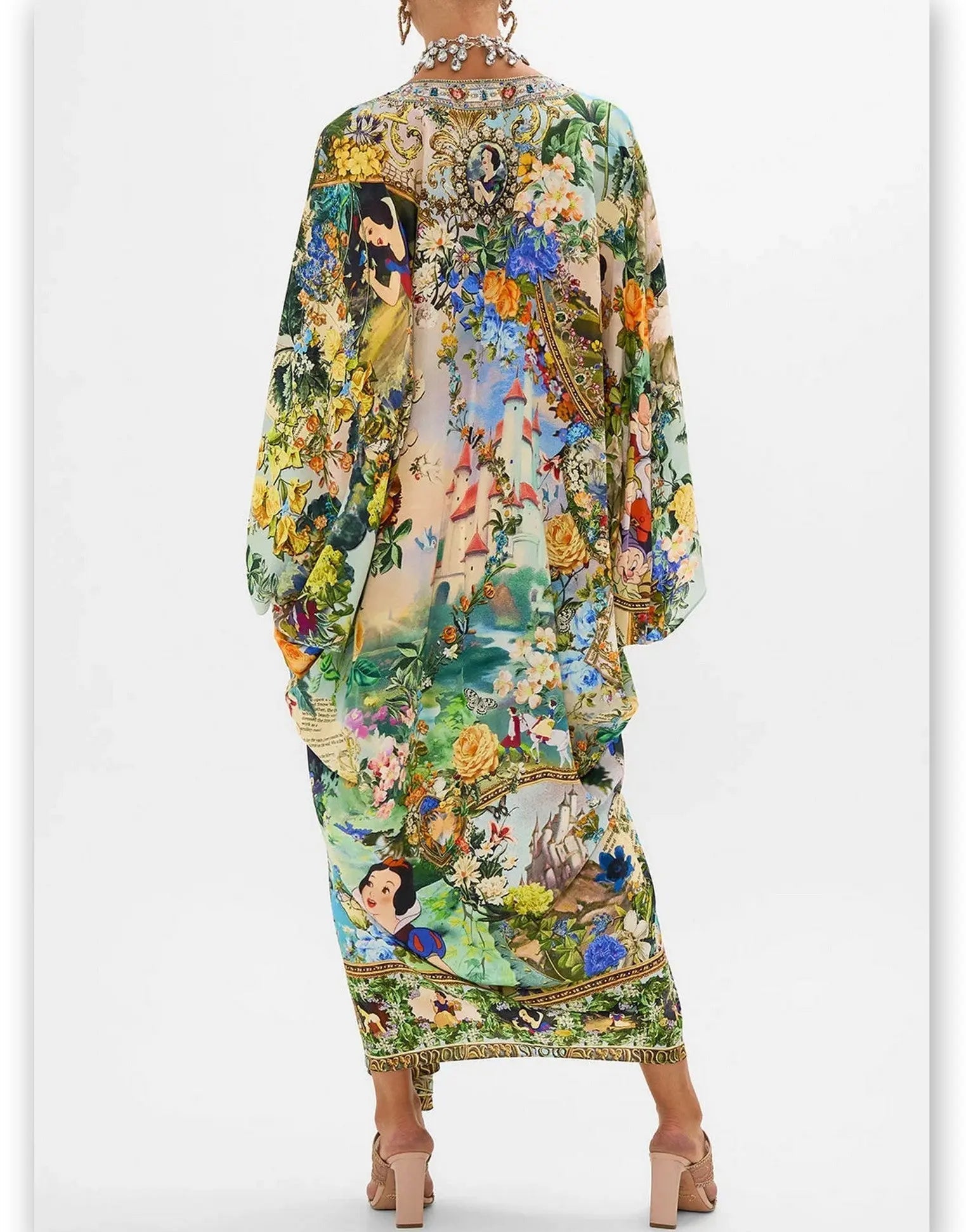 Fairy Tale and Floral Printed Silk Kaftan Dress - One size - Dresses