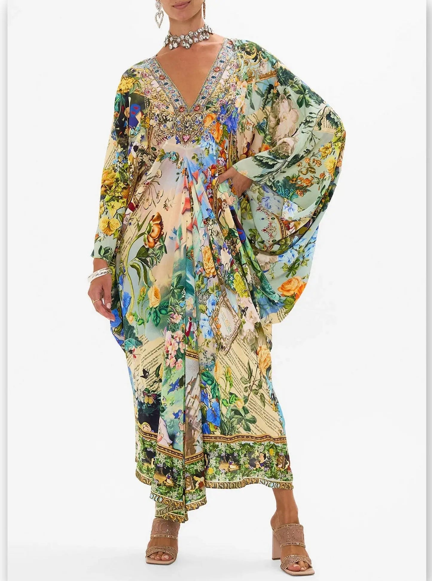 Fairy Tale and Floral Printed Silk Kaftan Dress - One size - Dresses