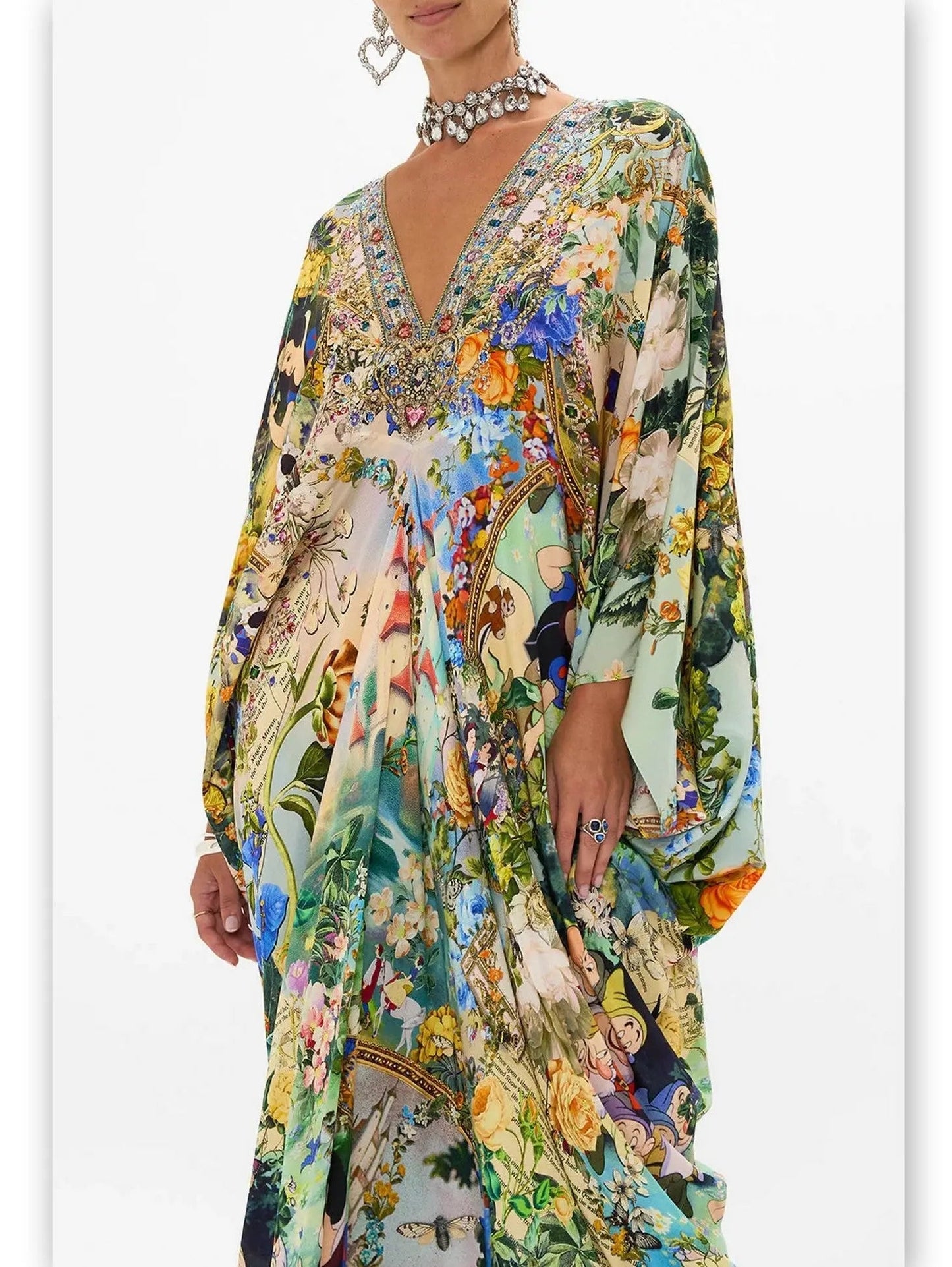 Fairy Tale and Floral Printed Silk Kaftan Dress - One size - Dresses