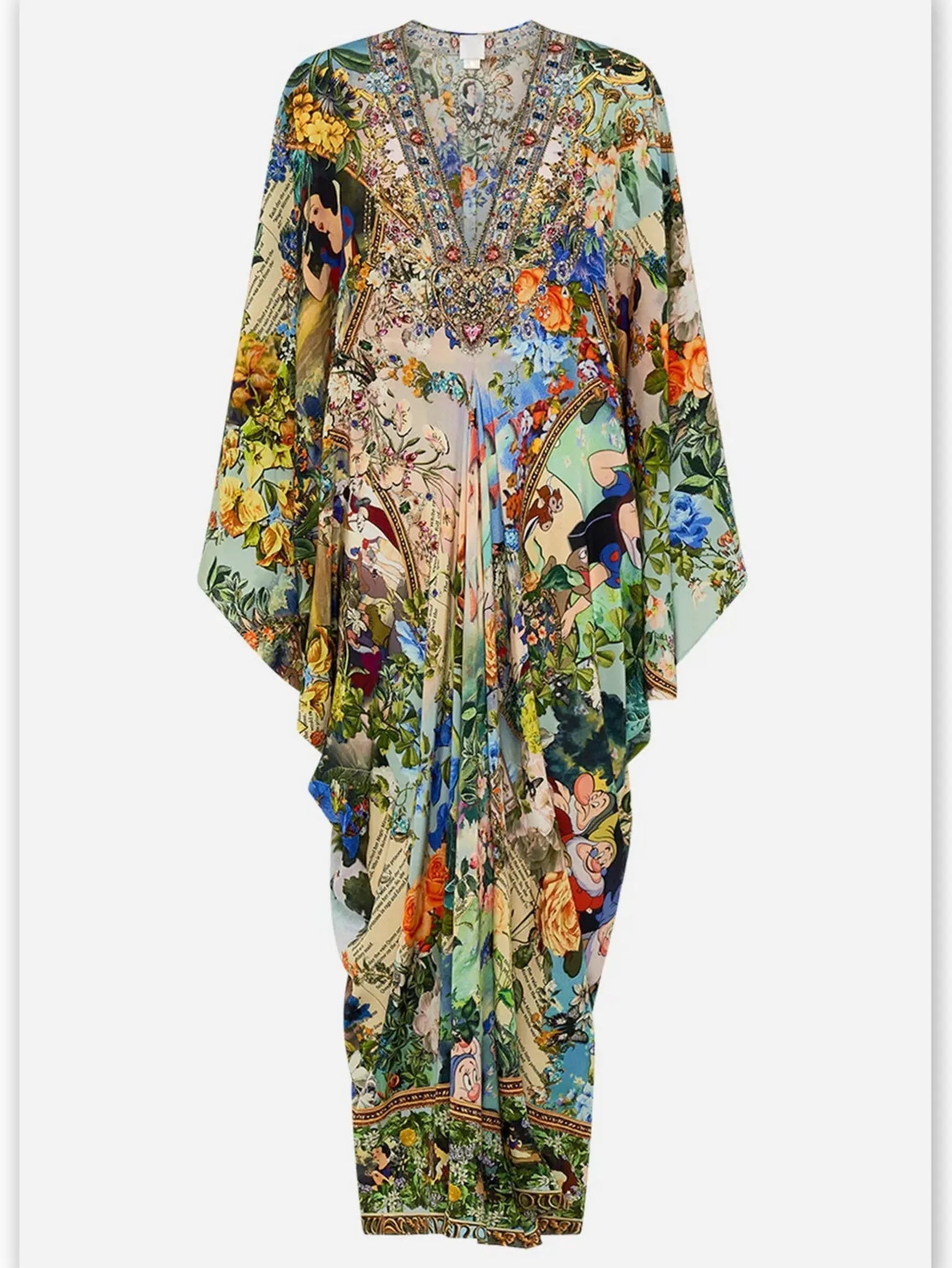 Fairy Tale and Floral Printed Silk Kaftan Dress - One size - Dresses