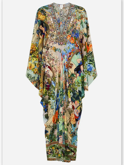 Fairy Tale and Floral Printed Silk Kaftan Dress - One size - Dresses