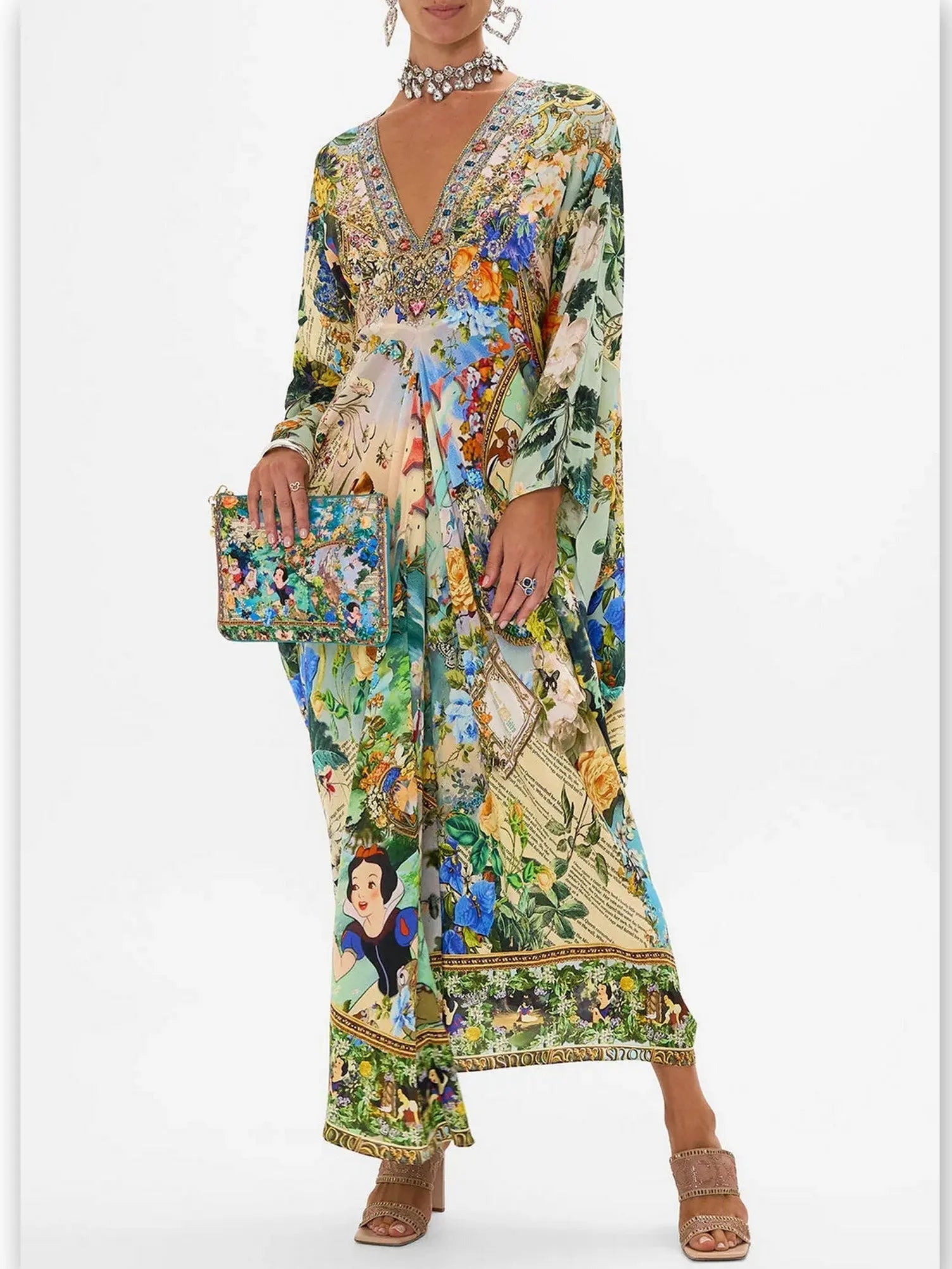 Fairy Tale and Floral Printed Silk Kaftan Dress - One size - Dresses