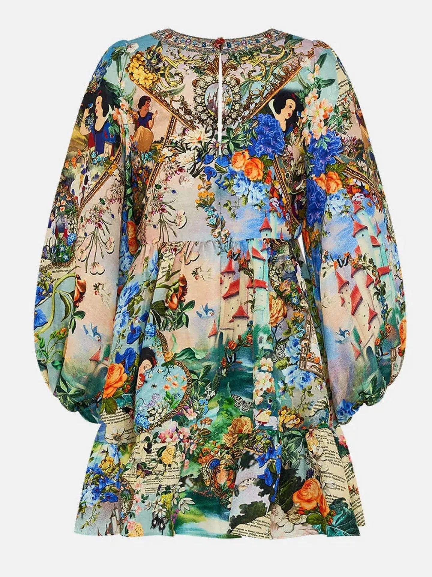 Fairy Tale Printed Short Tie Front Silk Blouson Dress - Dresses