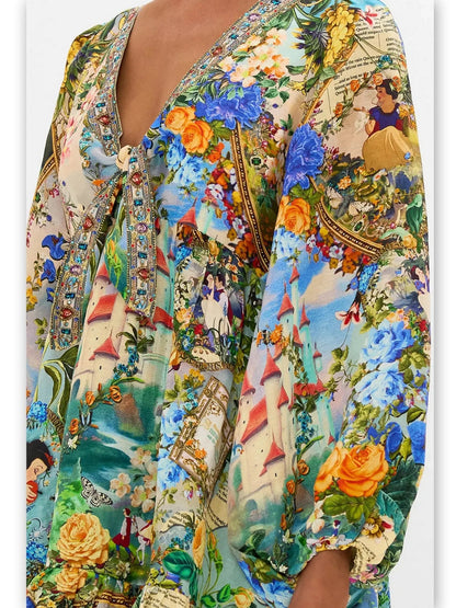 Fairy Tale Printed Short Tie Front Silk Blouson Dress - Dresses