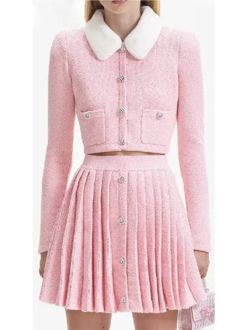 Faux-Fur Collar Cardigan and Pleated Mini Skirt Set in Pink - Suits & Sets