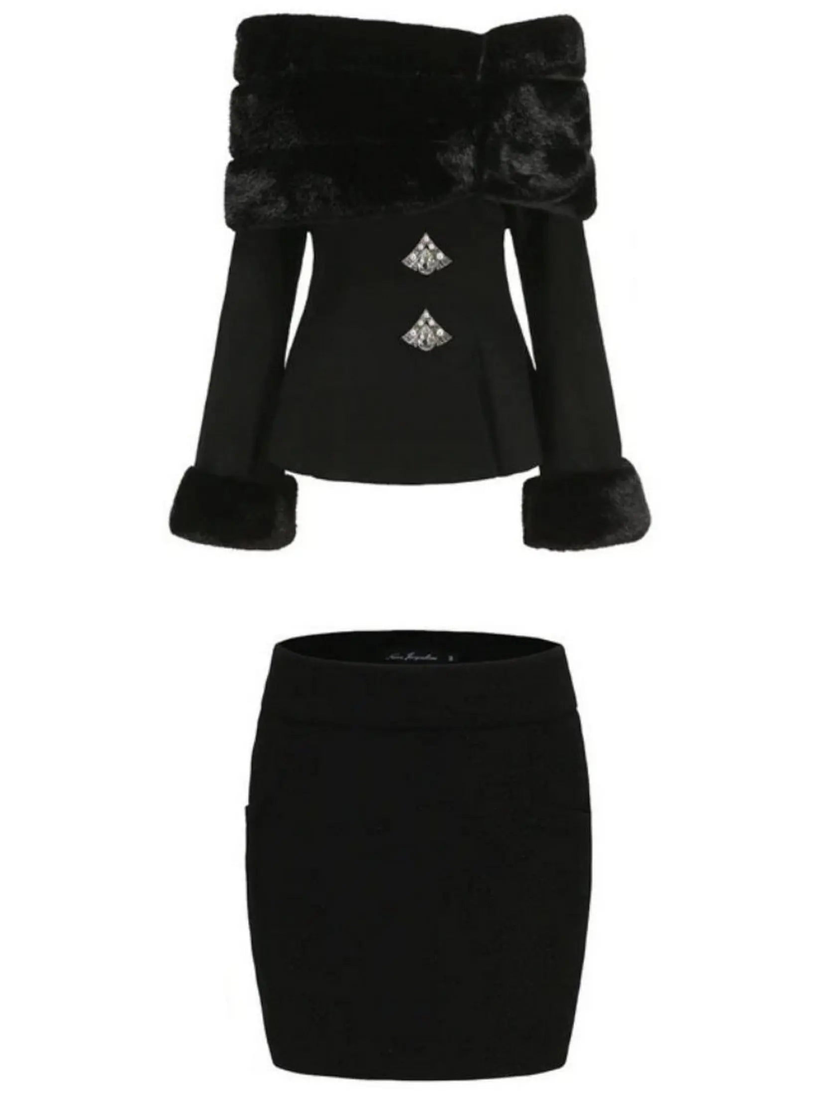 Faux-Fur Off-Shoulder Jacket and Heart Skirt Set in Black - small - Suits & Sets