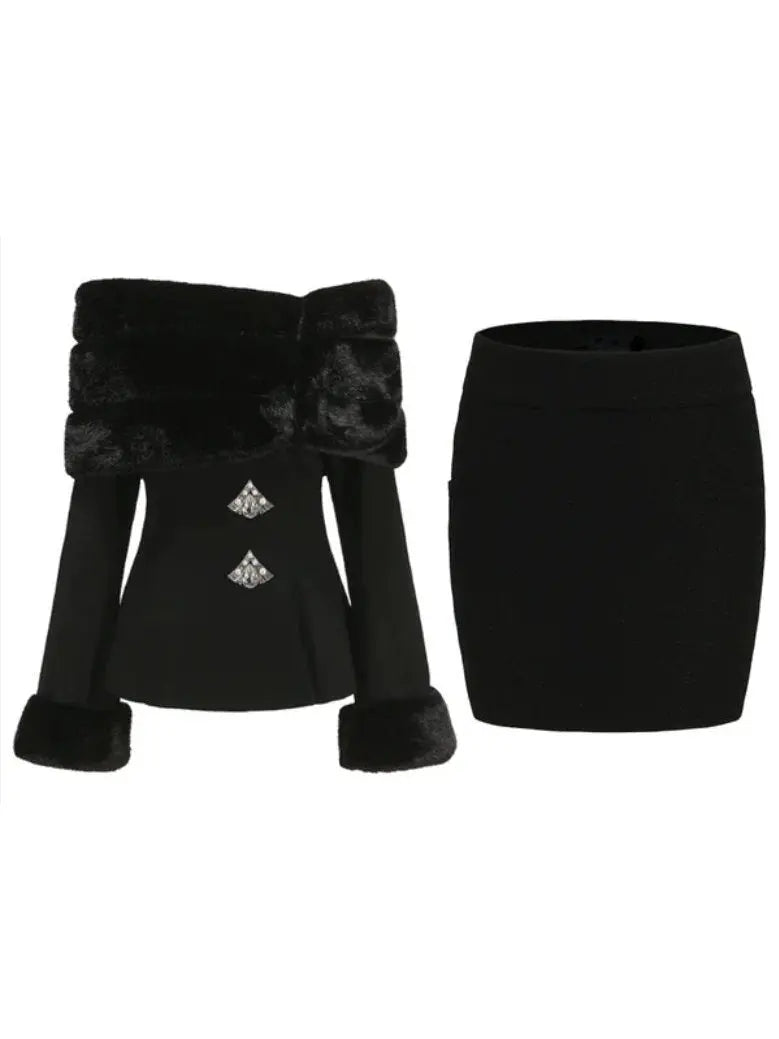 Faux-Fur Off-Shoulder Jacket and Heart Skirt Set in Black - Suits & Sets