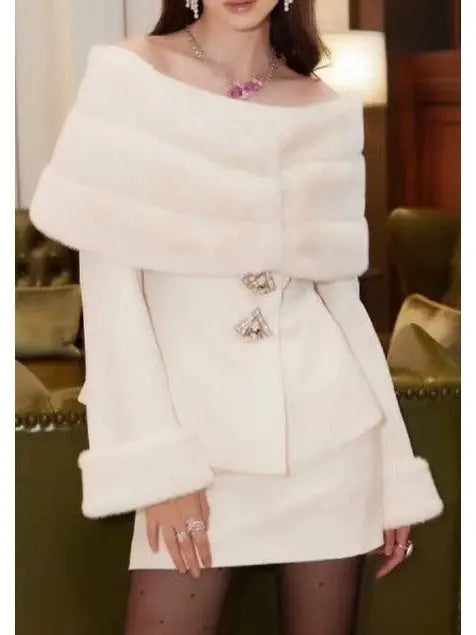 Faux-Fur Off-Shoulder Jacket and Heart Skirt Set in White - Suits & Sets