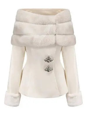 Faux-Fur Off-Shoulder Jacket and Heart Skirt Set in White - Suits & Sets