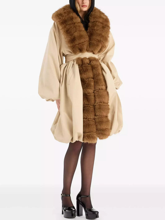 Faux-Fur-Trim Belted Beige Balloon Coat - Coats