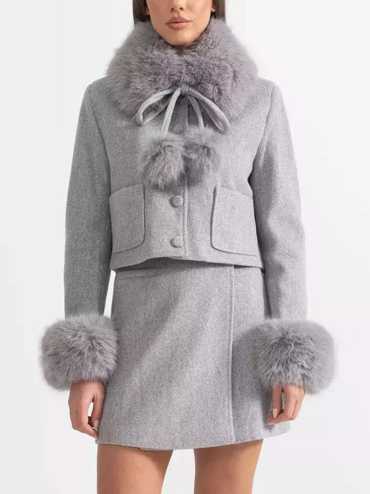 Faux-Fur Trim Cropped Jacket and Mini Skirt Set in Grey - S - Suits & Sets