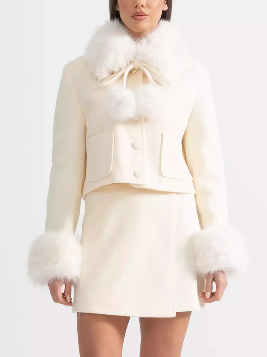 Faux-Fur Trim Cropped Jacket and Mini Skirt Set - S - Suits & Sets