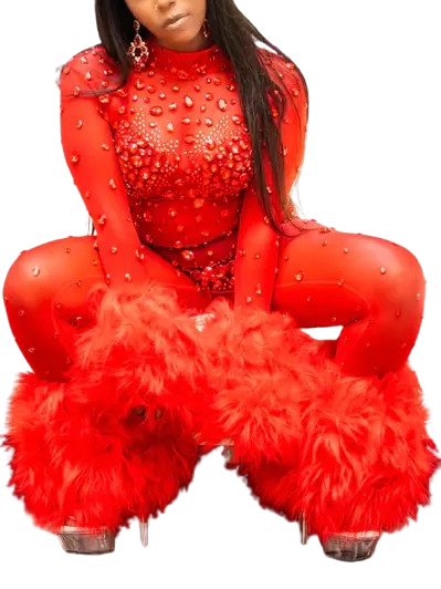 Faux-Fur Trim Rhinestone-Embellished Sheer Jumpsuit - XS / Red - Suits & Sets