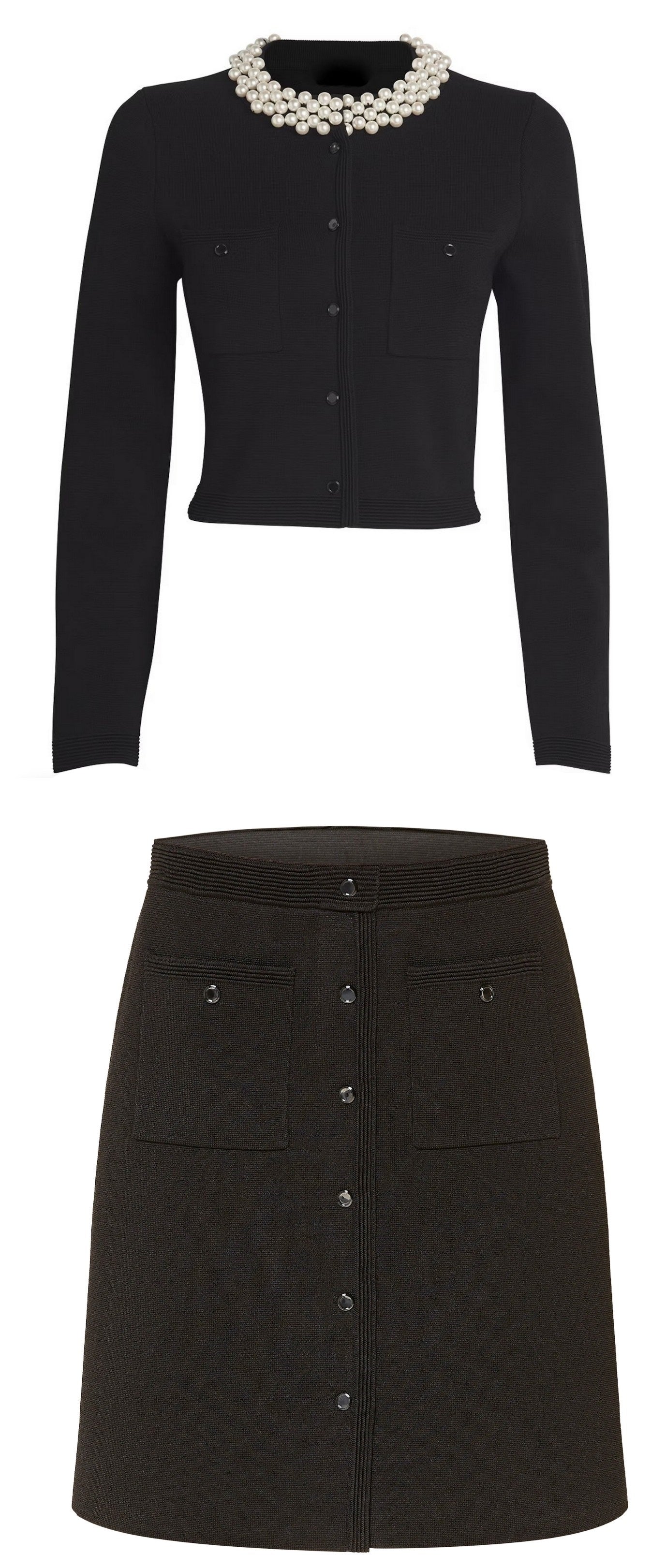 Black Faux-Pearl Collar Cardigan and Mini Skirt Set for stylish outfits
