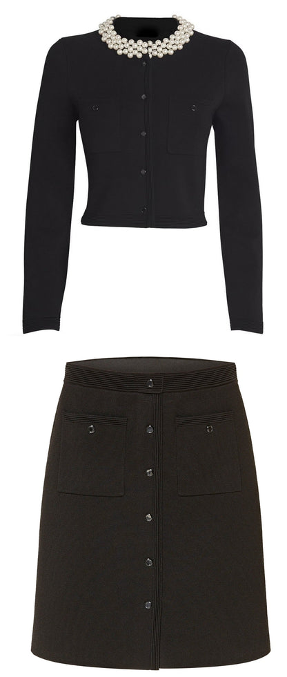 Black Faux-Pearl Collar Cardigan and Mini Skirt Set for stylish outfits