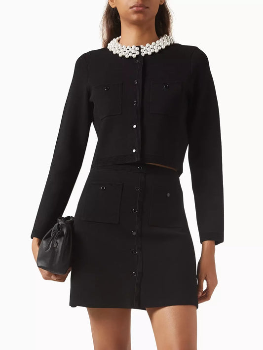 Black Faux-Pearl Collar Cardigan and Mini Skirt Set for stylish outfits