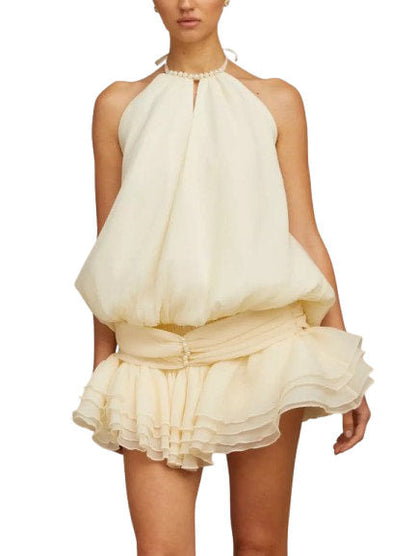 Faux-Pearl Halter-Neck Sleeveless Tiered Mini Dress - Dresses