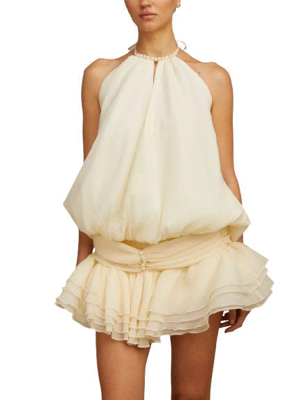 Faux-Pearl Halter-Neck Sleeveless Tiered Mini Dress - Dresses
