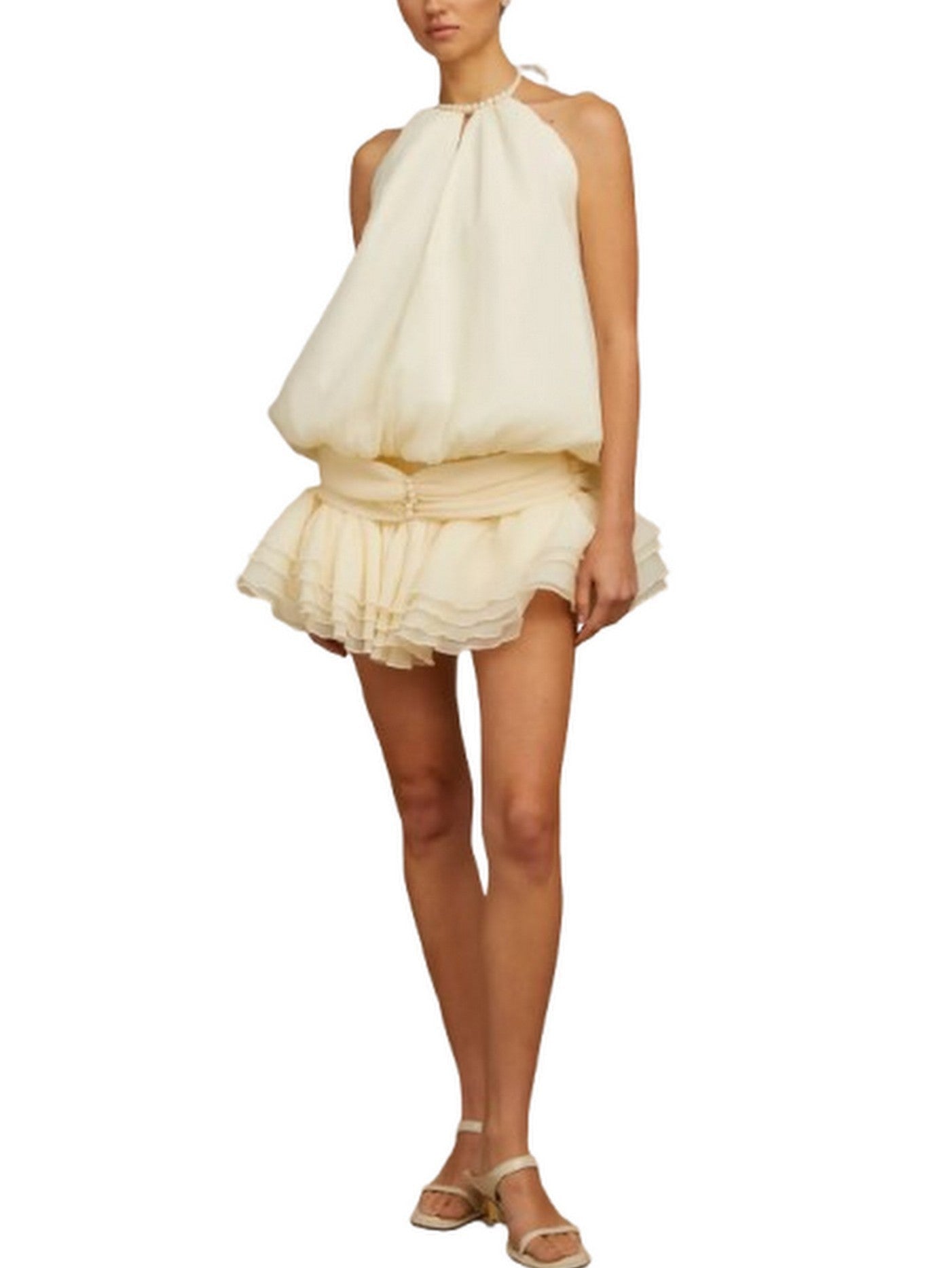 Faux-Pearl Halter-Neck Sleeveless Tiered Mini Dress - Dresses