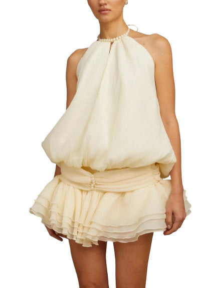 Faux-Pearl Halter-Neck Sleeveless Tiered Mini Dress - Dresses