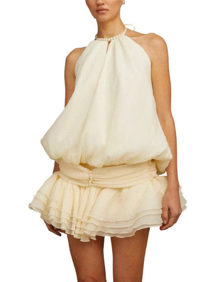 Faux-Pearl Halter-Neck Sleeveless Tiered Mini Dress - Dresses