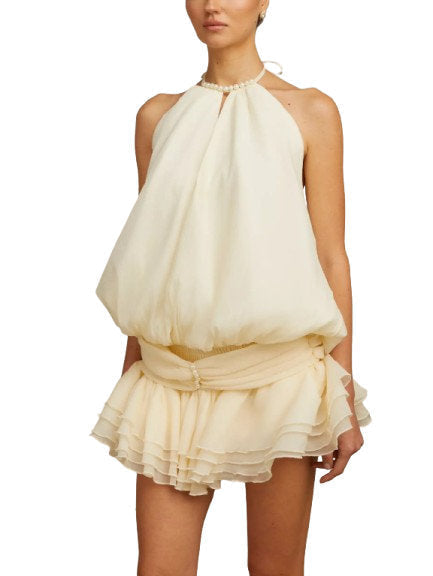 Faux-Pearl Halter-Neck Sleeveless Tiered Mini Dress - Dresses