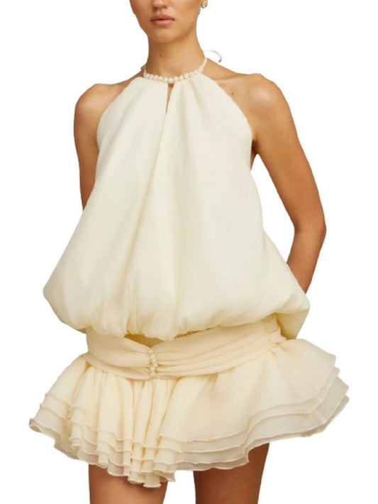 Faux-Pearl Halter-Neck Sleeveless Tiered Mini Dress - Dresses