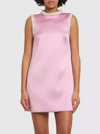 Faux-Pearl-Trim Pink Satin Mini Shift Dress - Dresses