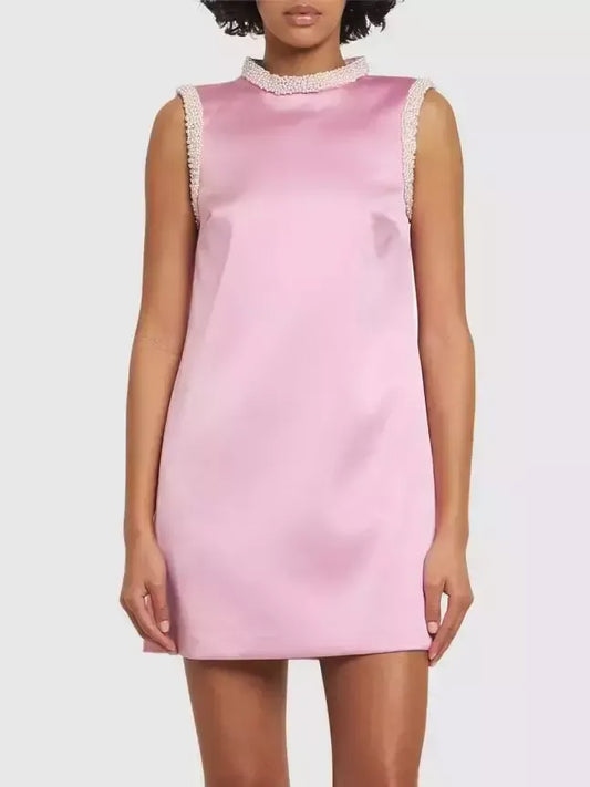 Faux-Pearl-Trim Pink Satin Mini Shift Dress - Dresses