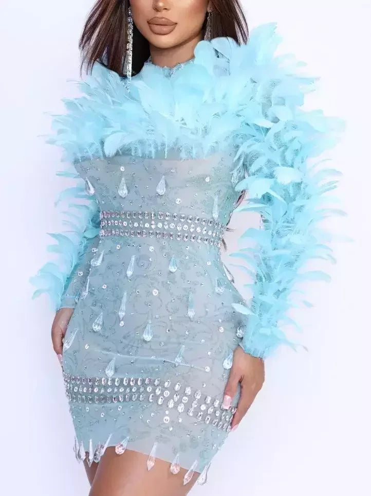Feather and Rhinestone Embellished Mini Dress - S / Light Blue - Dresses