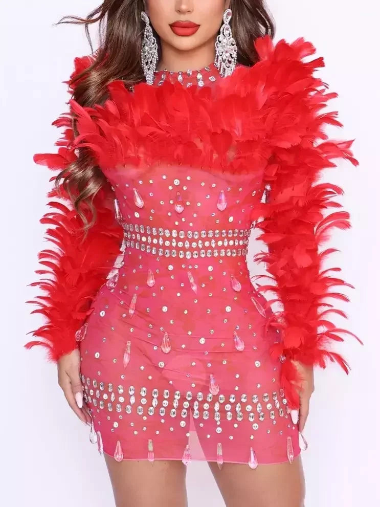 Feather and Rhinestone Embellished Mini Dress - S / Red - Dresses