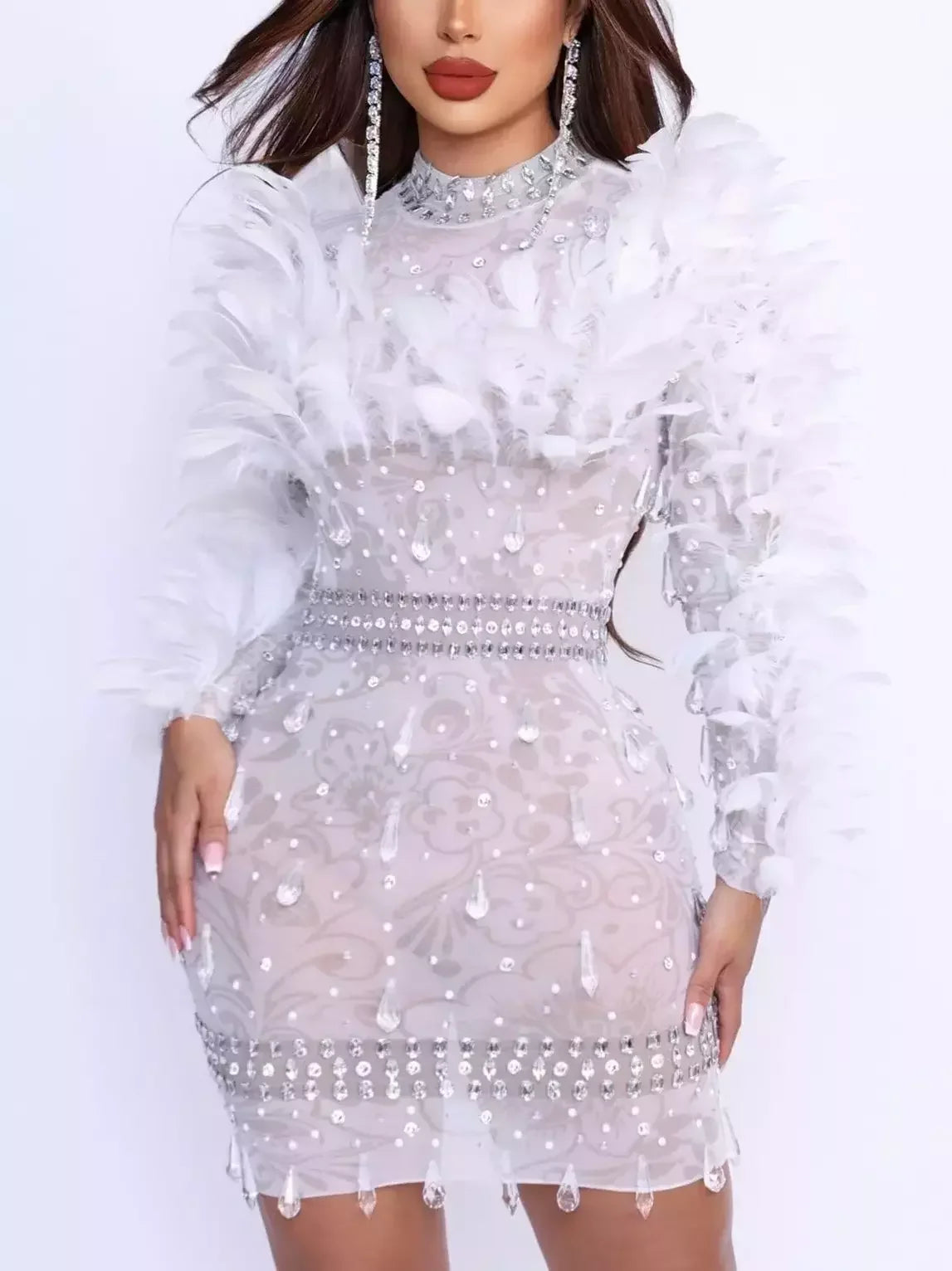 Feather and Rhinestone Embellished Mini Dress - S / White - Dresses