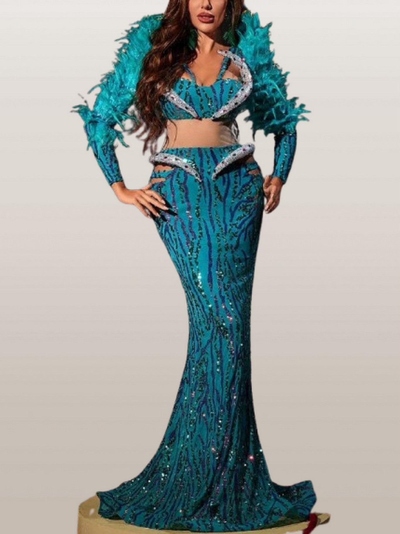 Feather and Sequin Embellished Gown in Green - Dresses