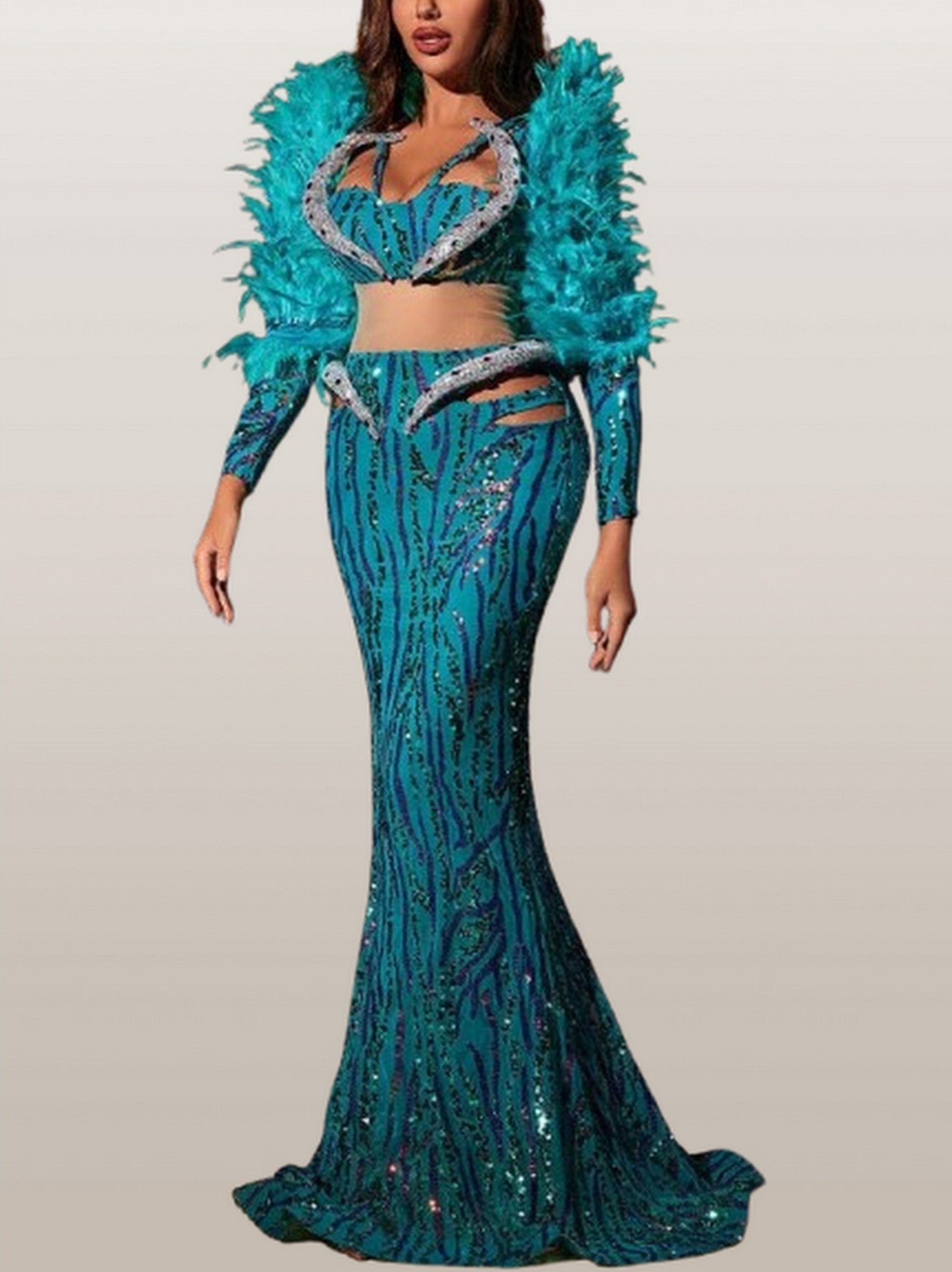 Feather and Sequin Embellished Gown in Green - Dresses