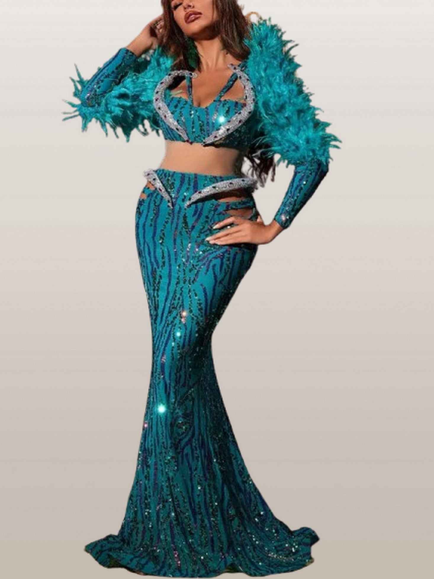 Feather and Sequin Embellished Gown in Green - Dresses