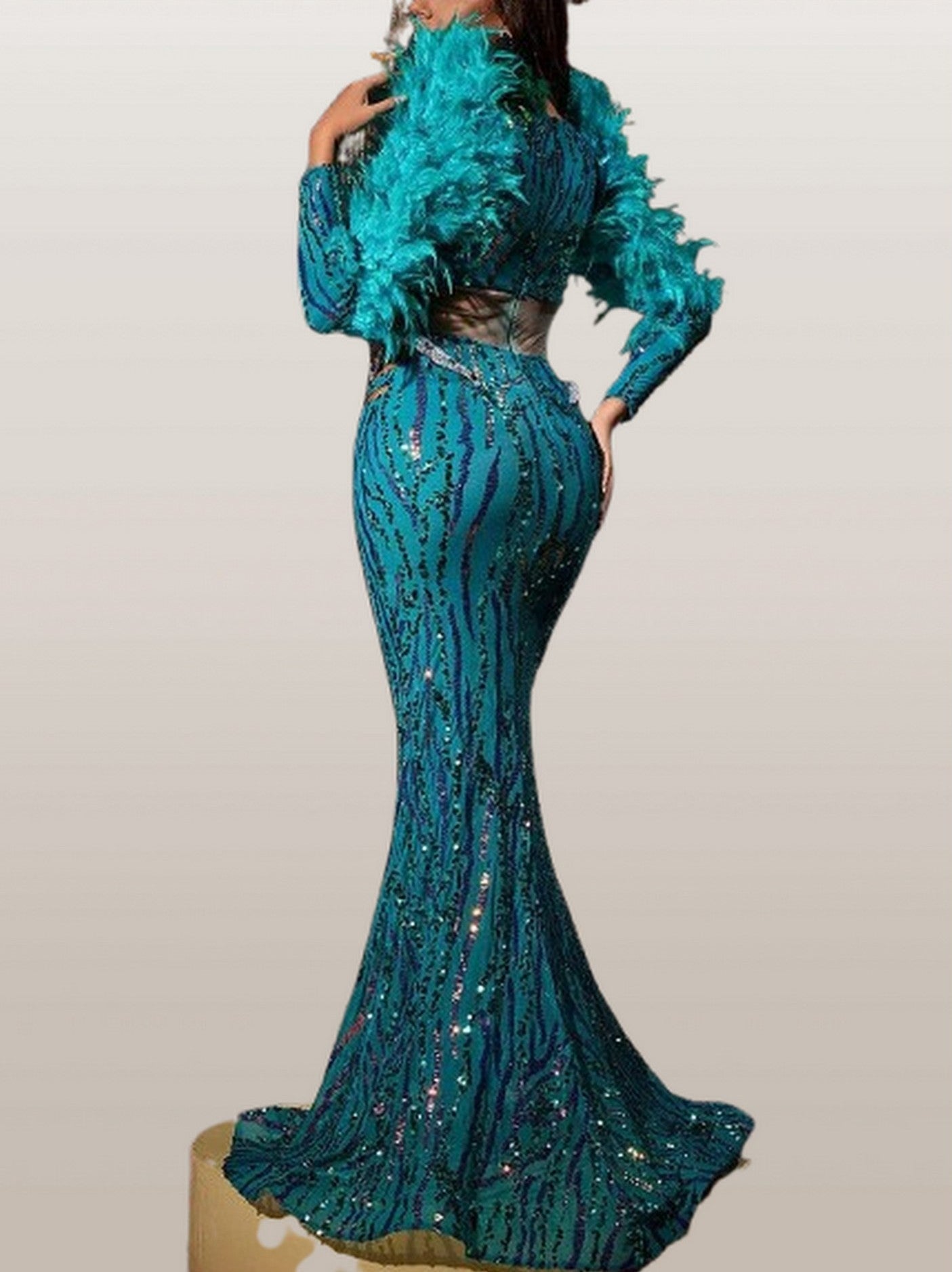 Feather and Sequin Embellished Gown in Green - Dresses