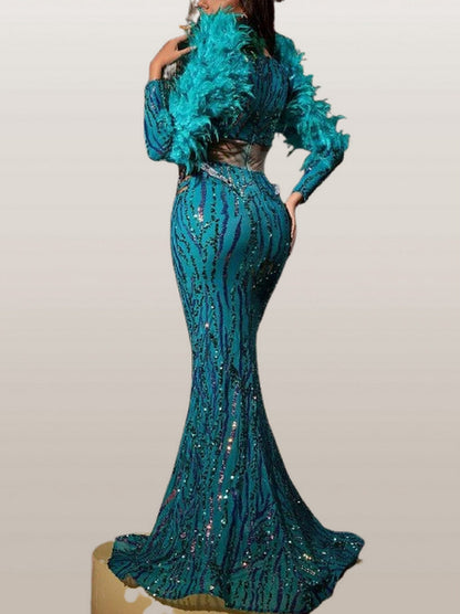 Feather and Sequin Embellished Gown in Green - Dresses