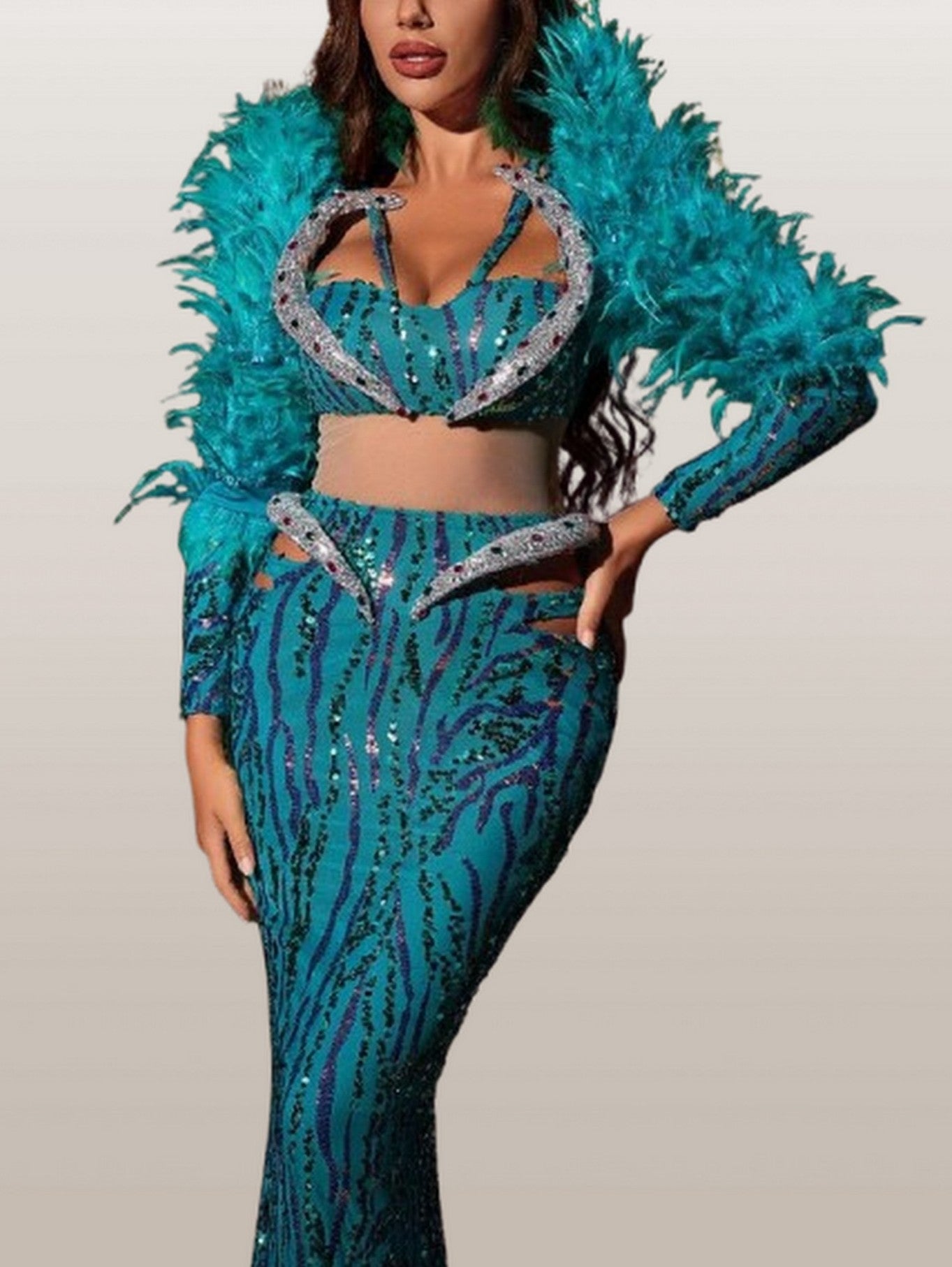 Feather and Sequin Embellished Gown in Green - Dresses