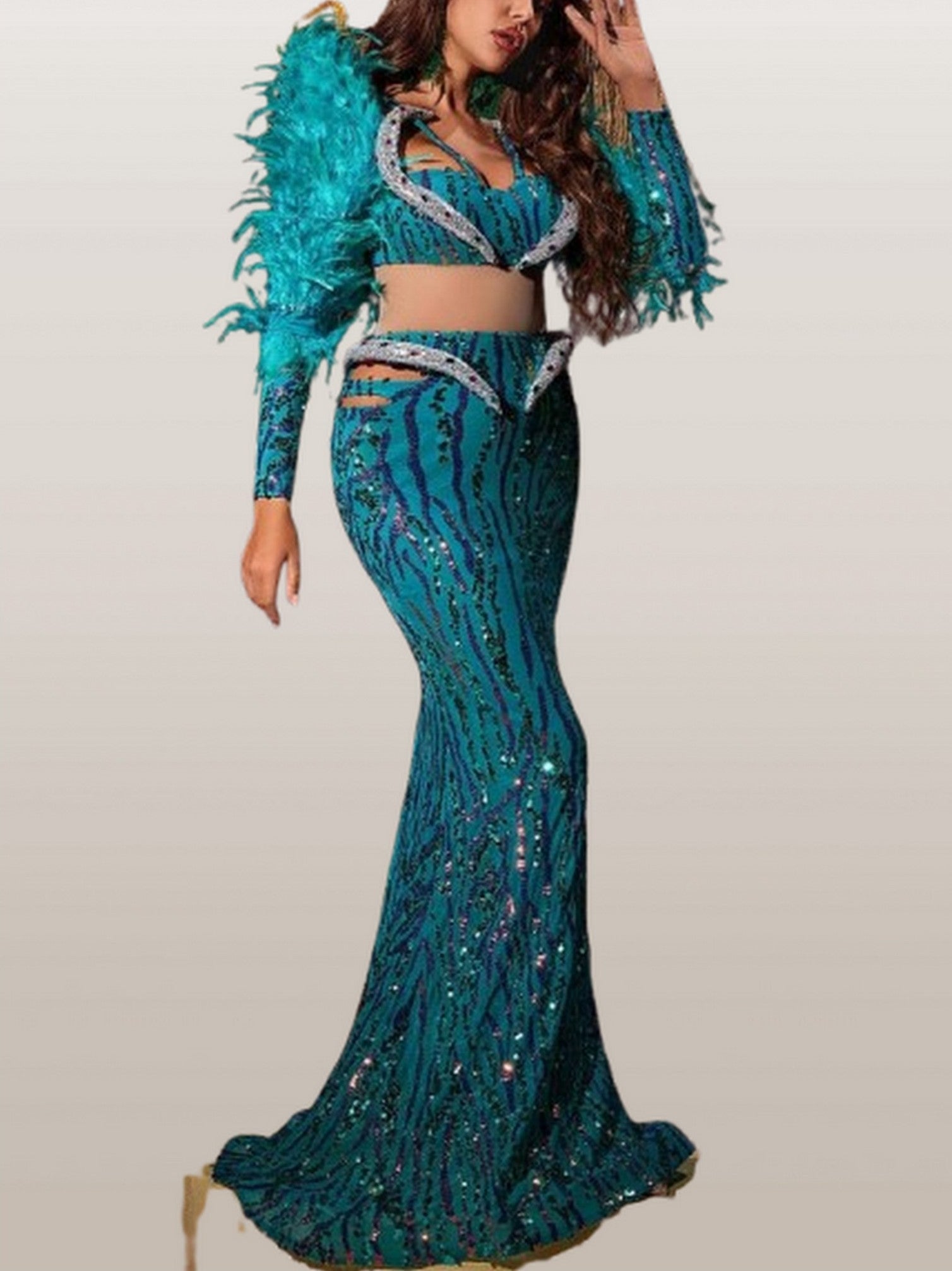 Feather and Sequin Embellished Gown in Green - Dresses