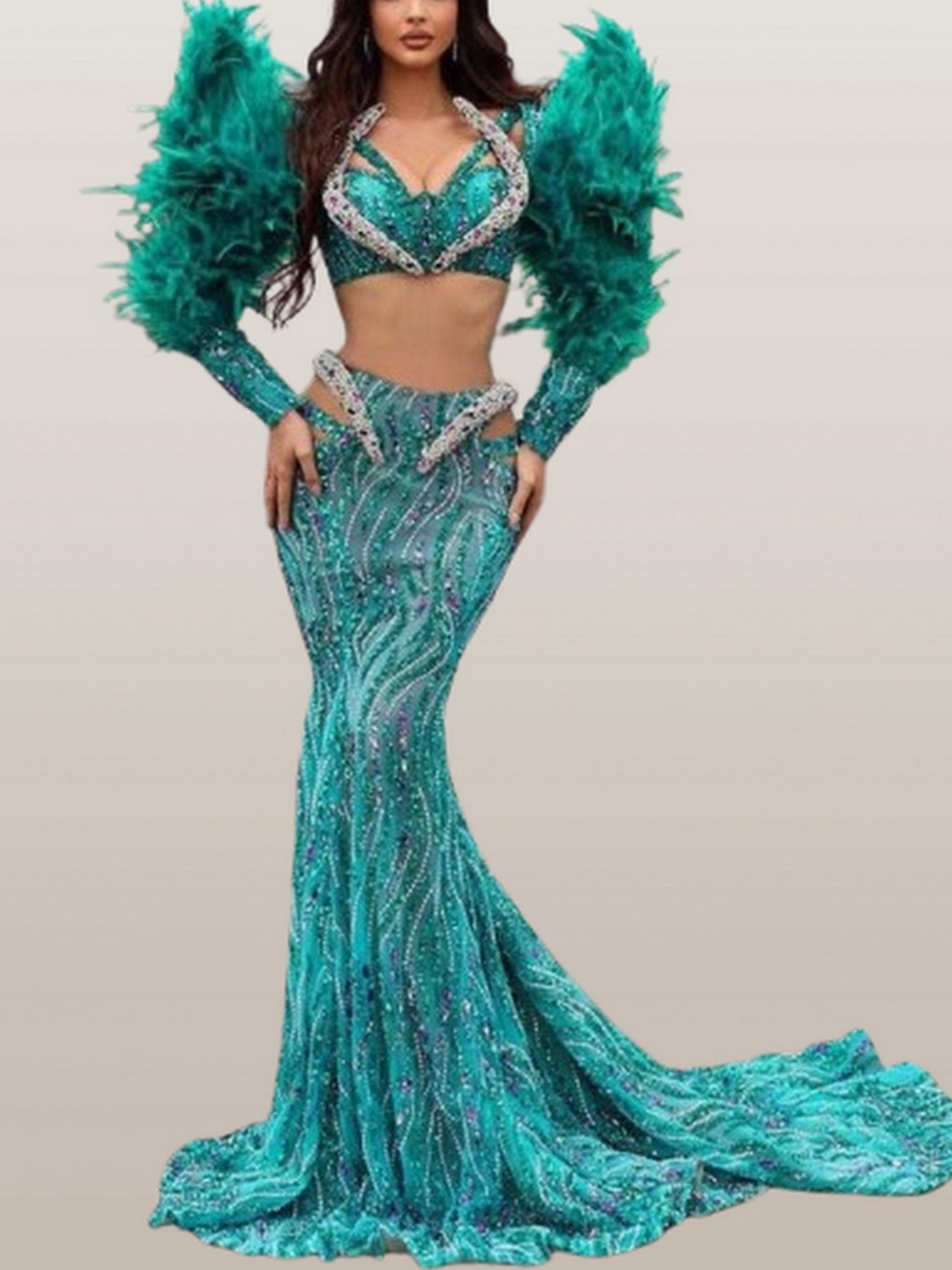 Feather and Sequin Embellished Gown in Green - Dresses