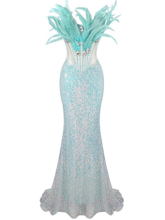 Light blue Feather Corset Sequin Gown in Mint Green with sequins and feathers