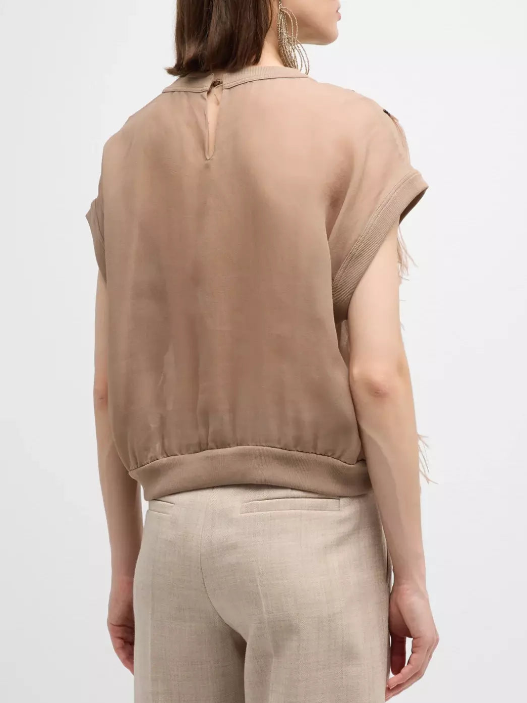 Tan sheer blouse from Feather-Embellished Knit-Trim Silk Top in Beige