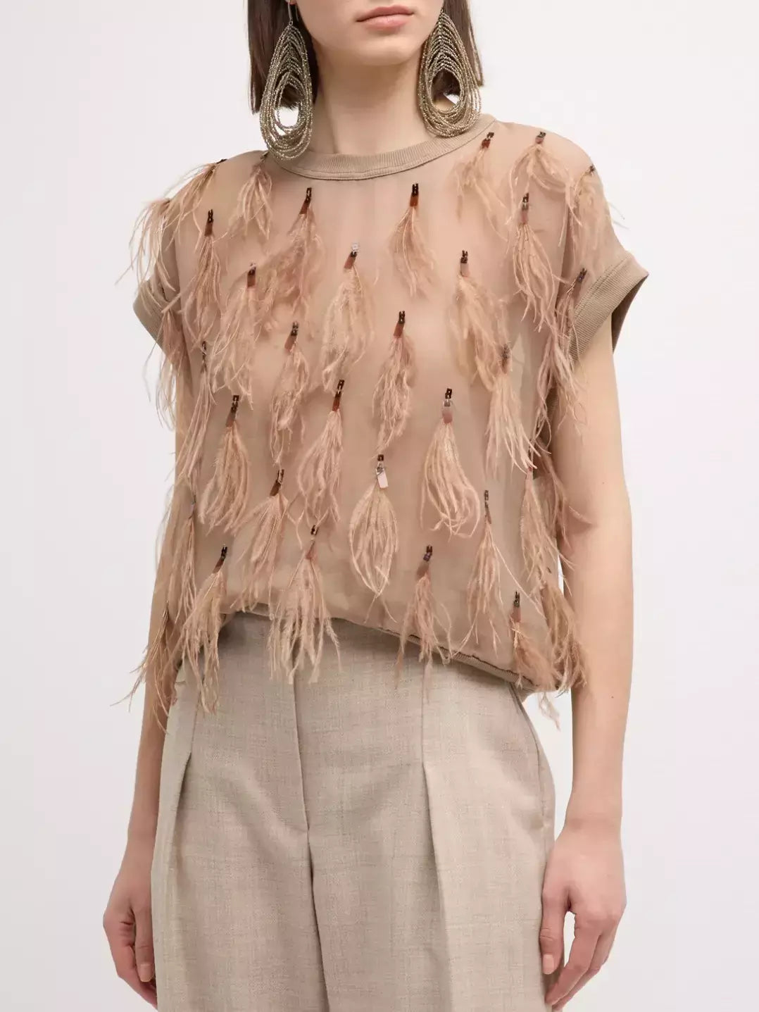 Beige Feather-Embellished Knit-Trim Silk Top showcasing luxurious design and texture