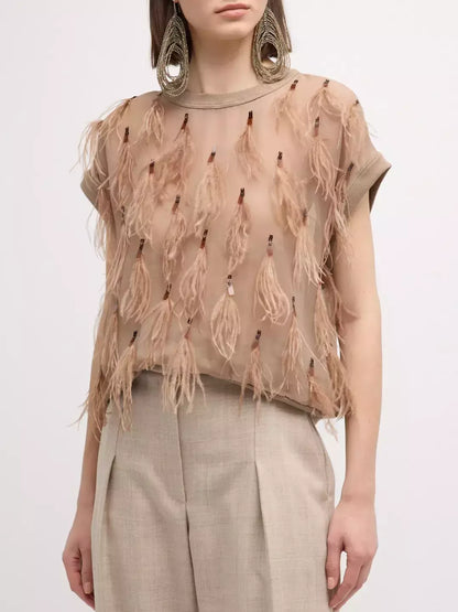 Beige Feather-Embellished Knit-Trim Silk Top showcasing luxurious design and texture