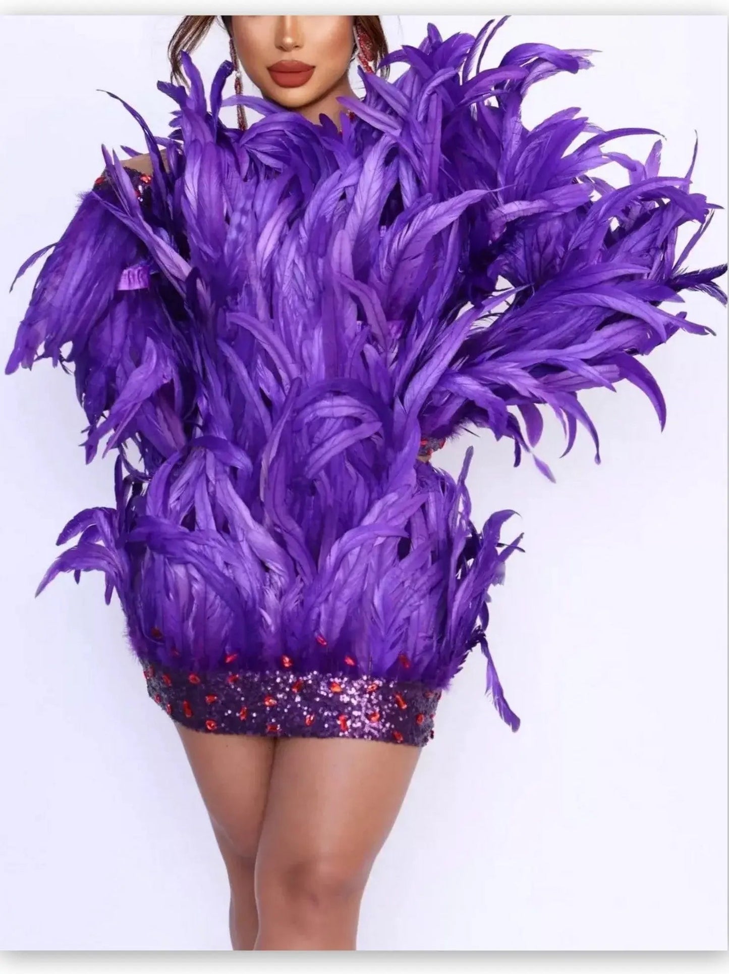 Feather Embellished Mini Dress with Sequins and Beading in Purple - Dresses