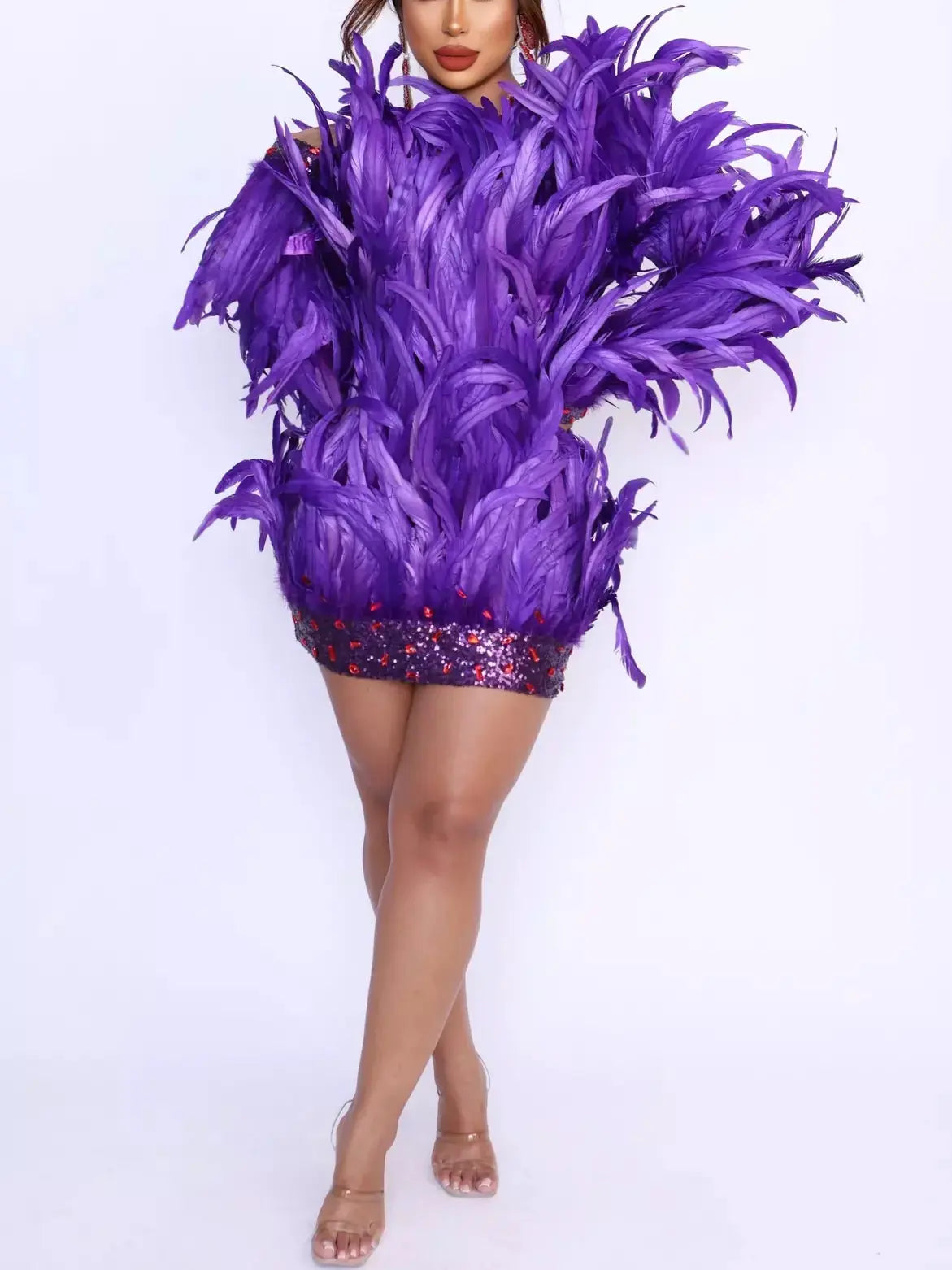 Feather Embellished Mini Dress with Sequins and Beading in Purple - Dresses